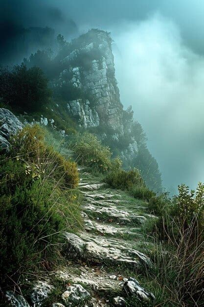 Premium Photo Misty Mountain Path Rocky Terrain Surrounded By