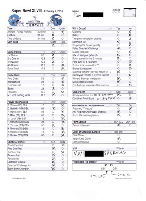 Super Bowl Prop Bets Printable Sheet