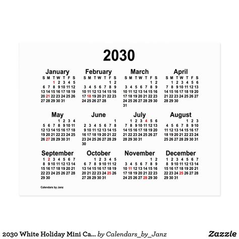 White Holiday Mini Calendar By Janz Postcard Free Printable