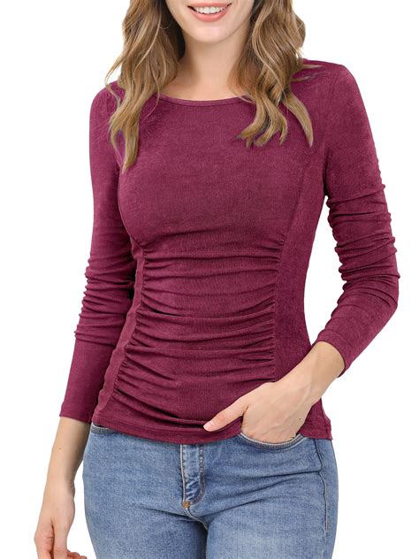 Unique Bargains Womens Ruched Stretchy Blouse Crew Neck Fitted Basic