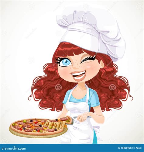 Cute Curly Hair Girl Chef Offers A Taste Of Pizza Stock Illustration