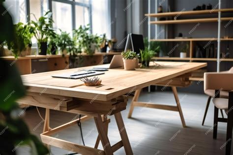 Premium Photo | Wooden office desk with plants and desk