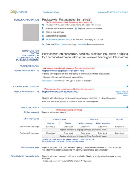 Fillable Online Europass Cv Ted Etendering European Union Fax Email