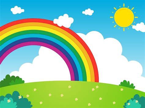 Paisaje Con Arco Iris En Estilo De Dibujos Animados Vector Premium