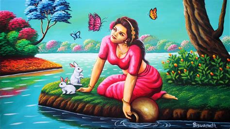 Painting Of A Beautiful Indian Village Girl With Matka Village Nature