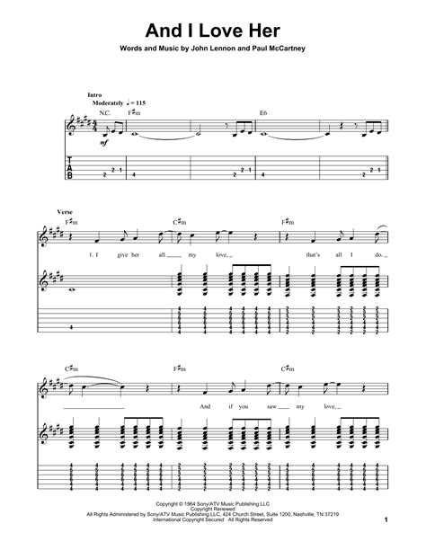 And I Love Her By The Beatles Sheet Music For Guitar Tab Single Guitar