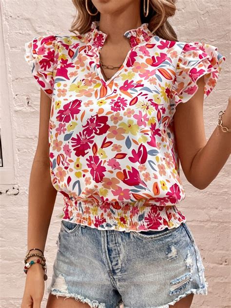 Shein Lune Floral Print Notched Neckline Layered Sleeve Blouse Shein Usa