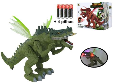 Brinquedo Dragão Dinossauro Luz Som Solta Fumaça Anda 4 Pilhas Toy