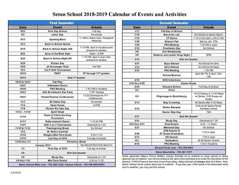 2018-2019 Seton School Calendar of Events and Activities | Seton School ...