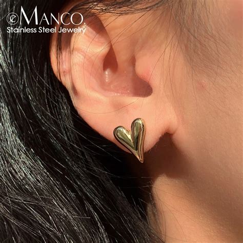 EManco Stainless Steel Heart Stud Piercing Earrings Hip Hop Style