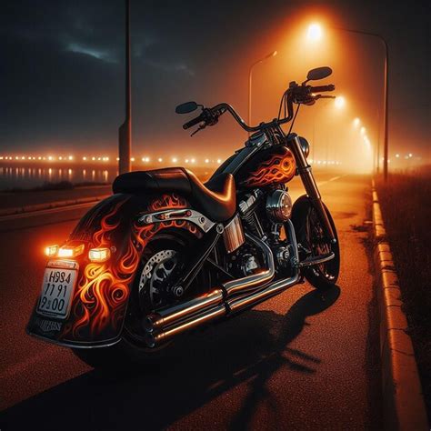 Premium Photo A Motorcycle With Flames On The Back Is Lit Up In The Dark