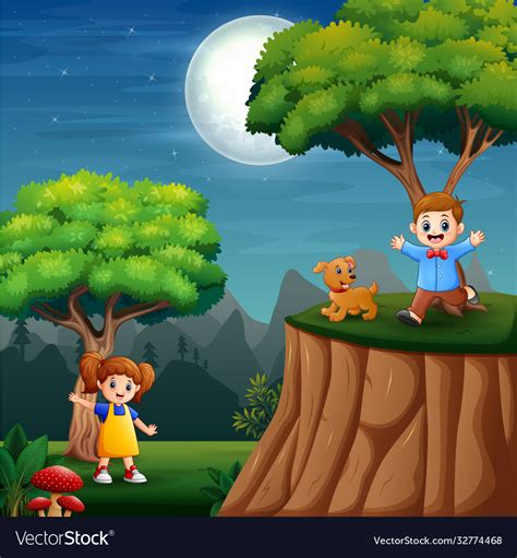 Happy kids playing at nature background Royalty Free Vector