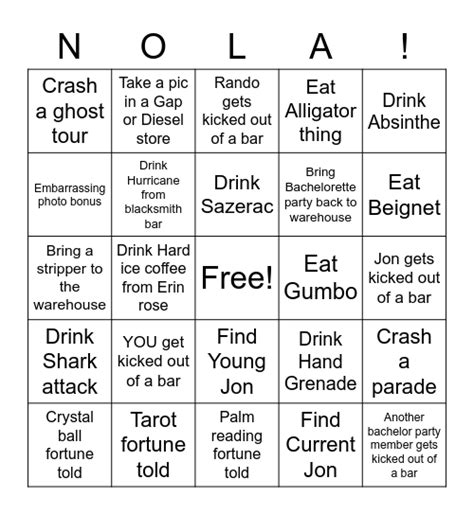 Bachelor Party Bingo Card