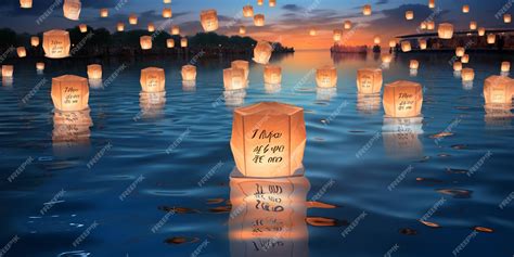 Premium AI Image | A large group of lanterns floating in the water at night