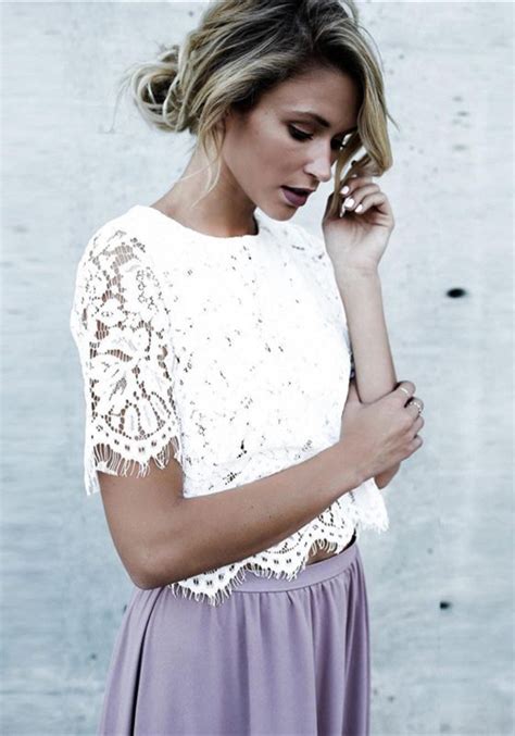 White Patchwork Lace Sweet Cute Round Neck Going Out Blouse Tops