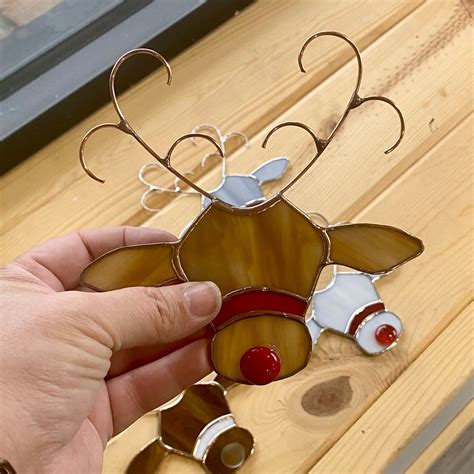 Handcrafted Stained Glass Reindeer Christmas Ornament In Tan Etsy