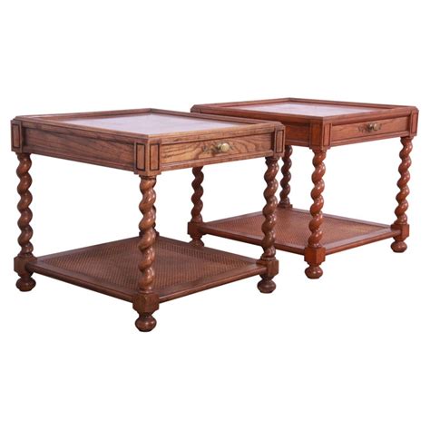 Baker Furniture Jacobean English Barley Twist Oak Burl And Cane End Tables For Sale At 1stdibs