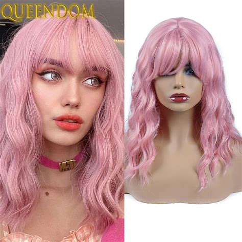 14 Inch Short Wavy Bob Wig Pink Medium Length Wave Wigs With Bangs