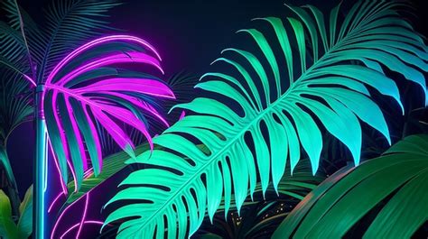 Premium Ai Image Tropical Palm Leaves Neon Lights