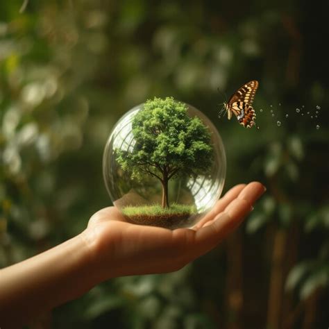 Premium Photo A Hand Holding A Glass Sphere With A Tree Inside And A