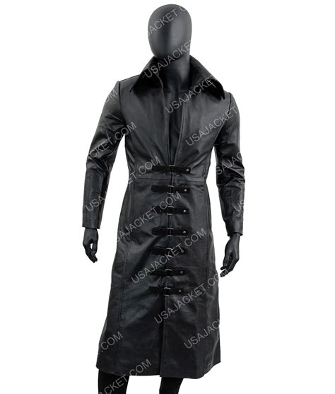 Mens Detective Black Vintage Gothic Leather Trench Coat Gothic Full Length Men