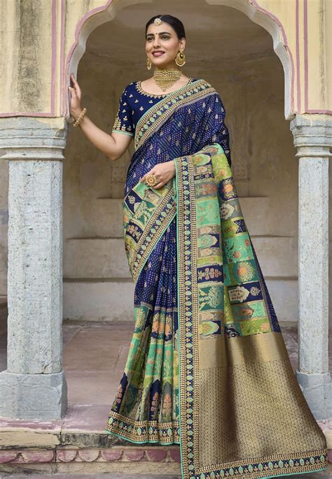 Silk Saree With Blouse In Navy Blue Colour 5502