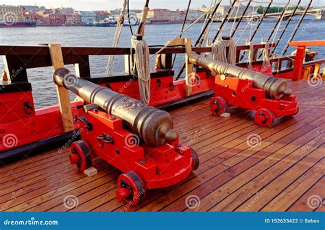 Historical Cannon Of An Old Wooden Sailboat Details Deck Of The Ship