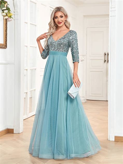 V Neck Contrast Sequin Long Dress Elegant Chiffon Half Sleeve Waist Evening Gown Prom Party