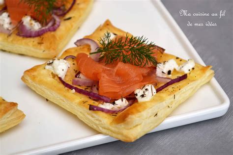 feuilletés au fromage de chèvre oignon rouge et saumon fumé