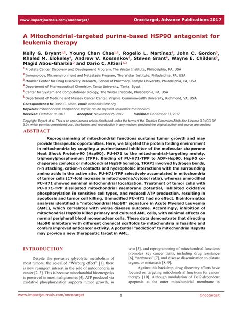 Pdf A Mitochondrial Targeted Purine Based Hsp90 Antagonist For