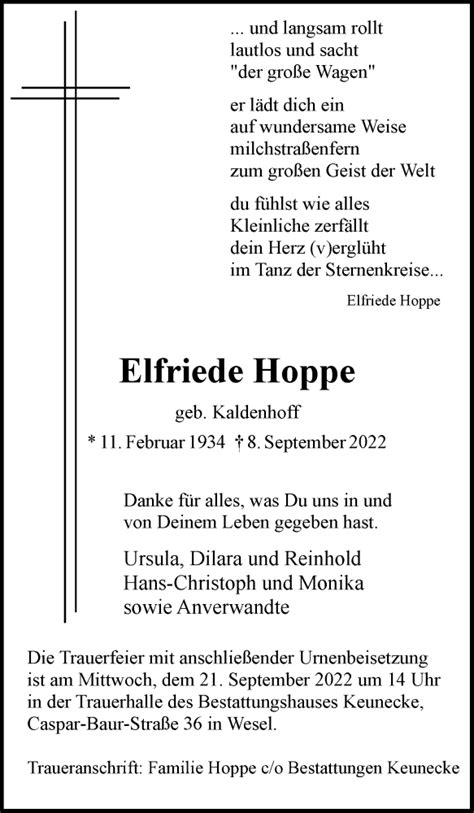 Traueranzeigen Von Elfriede Hoppe Trauer In NRW De