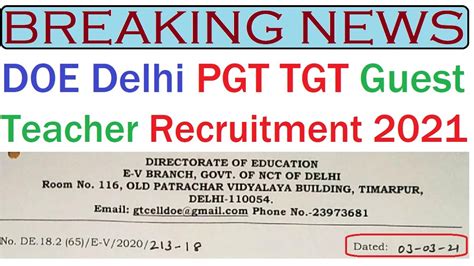 Breaking News Doe Delhi Pgt Tgt Guest Teacher Recruitment New