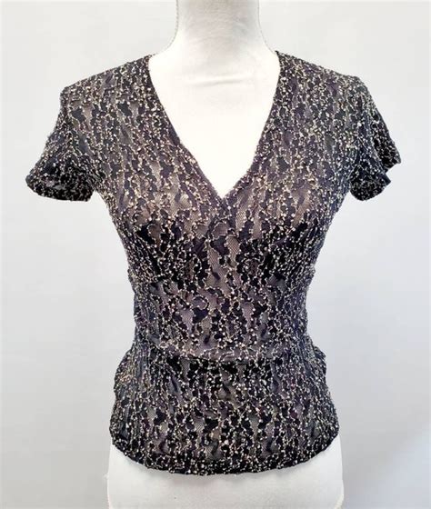 Nos 90s Sheer Black Lace V Neck Shirt Small Sexy Se Gem