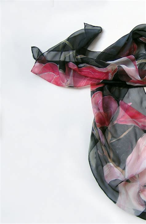 Silk Chiffon Scarf With Pink Magnolias Floral Scarf Painted By Hand