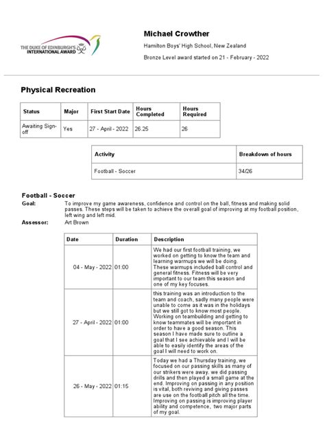 Physical Recreation Football Soccer Activity Assessor Report Pdf