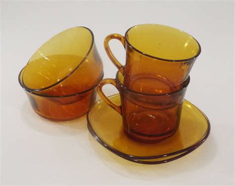 French Amber Glass Coffee Cup With Saucer And Bowl Vereco Etsy