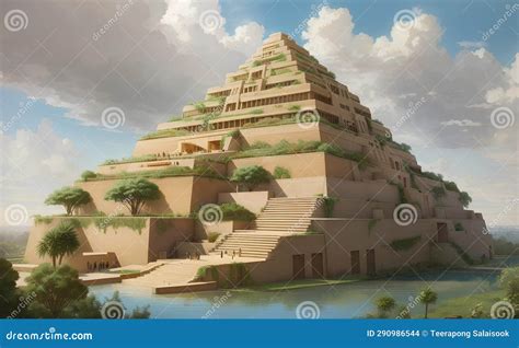 A Great Ziggurats with Hanging Gardens of Babylon Stock Illustration - Illustration of river ...