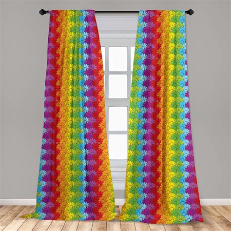 Floral Curtains 2 Panels Set Vibrant Flowers In Rainbow Colors Striped