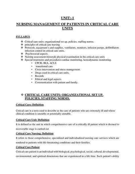 Unit 1 Nursing Management Of Patients In Critical Care Units Unit