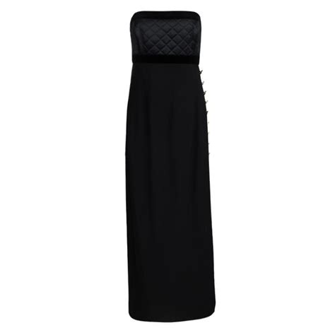 Escada Couture Black Quilted Velvet Trim Strapless Maxi Dress S Escada