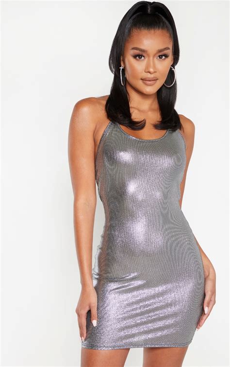 Silver Metallic Halterneck Bodycon Dress Prettylittlething Usa