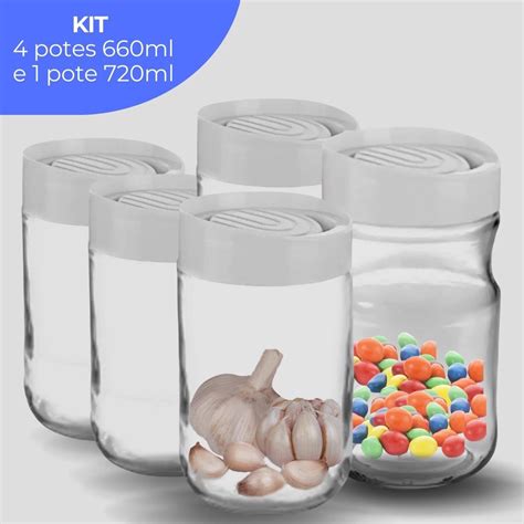 Kit 5 Potes De Vidro Para Mantimentos Tampa Branca 4 Unidades 660ml