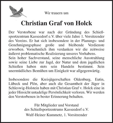 Traueranzeigen Von Christian Graf Von Holck Trauer Anzeigen De