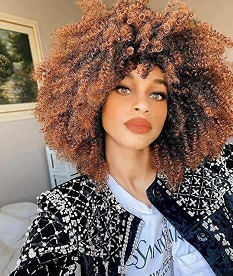 Ombre Brown Curly Afro Wig With Bangs For Women Short Kinky Curly Wig Synthetic Ebay