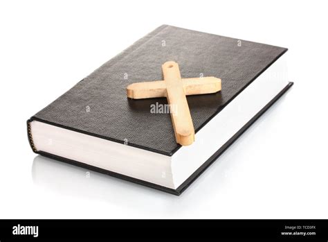 Bible And Wooden Cross Isolated On White Stock Photo Alamy