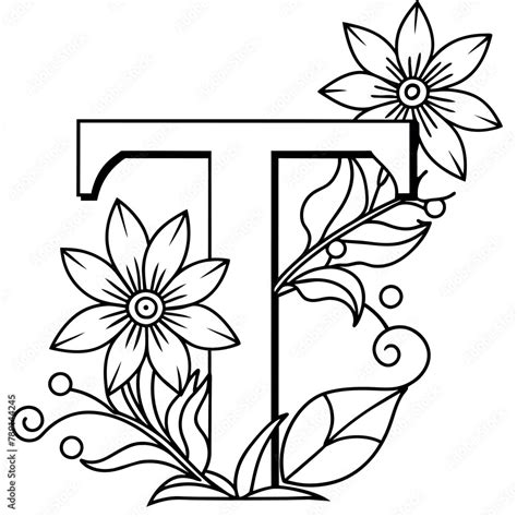 Alphabet T Coloring Page With The Flower T Letter Digital Outline