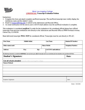 Fillable Online Wlac Unofficial Transcript Evaluation Form West Los