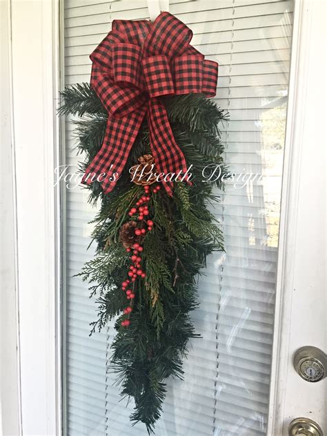 Christmas Door Swag With Buffalo Plaid Bow And Berries By Jaynes Wr