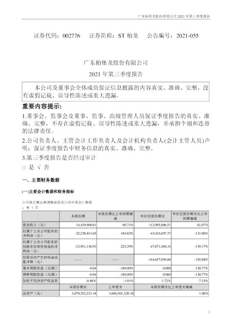 St柏龙：2021年第三季度报告