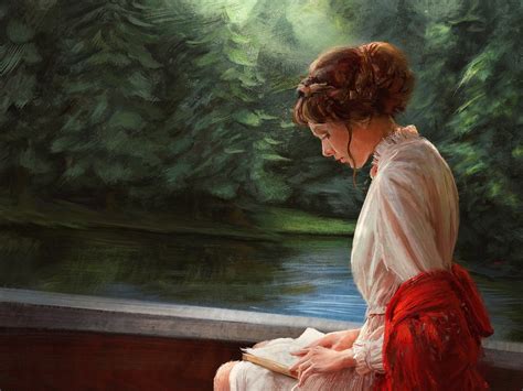 Wallpaper White dress girl reading book, art painting 1920x1200 Picture, Image